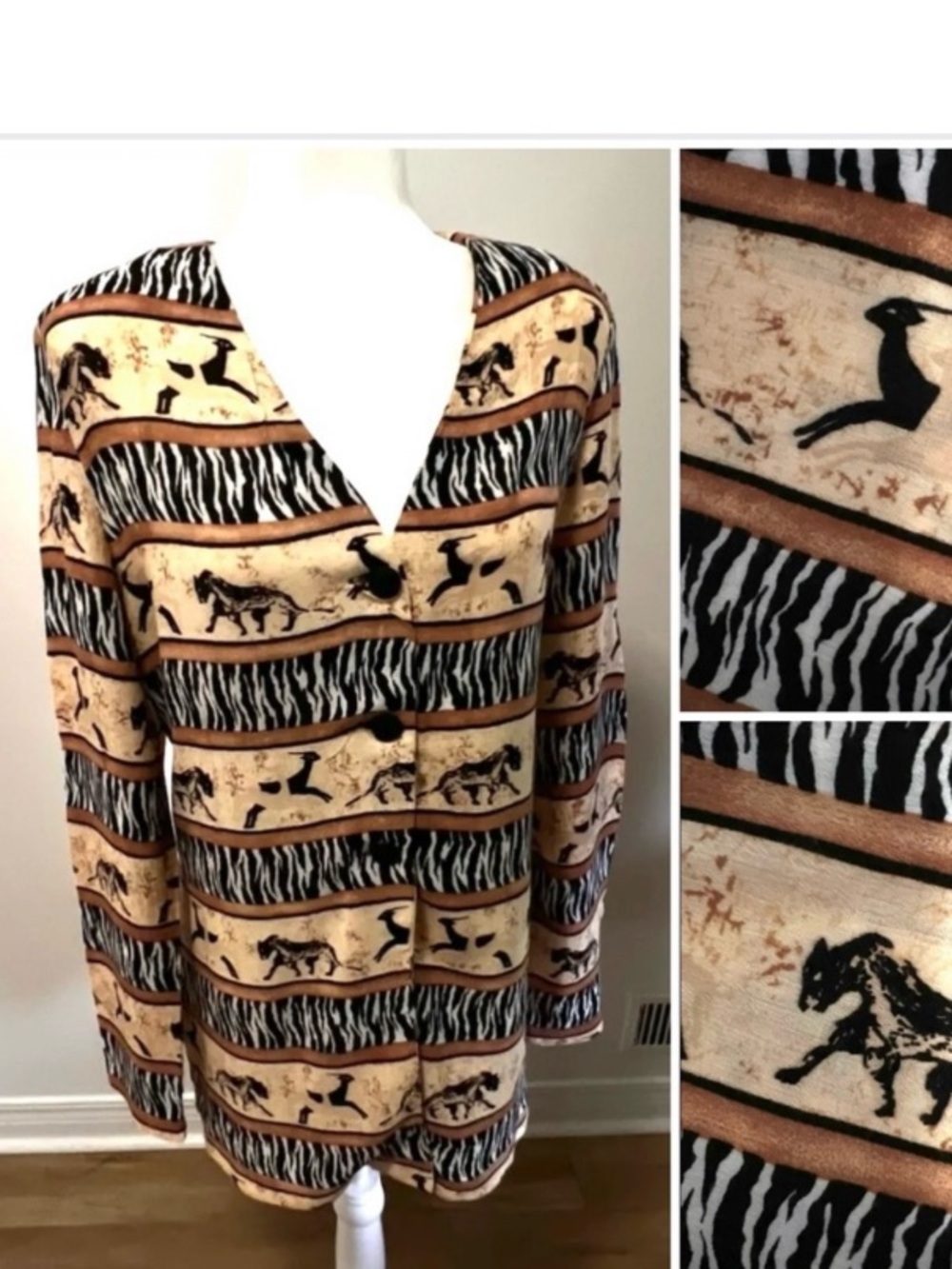 🇨🇦Vintage Animal Print Long Light Jacket or Shirt /Black Tan Cream/ Safari Chic